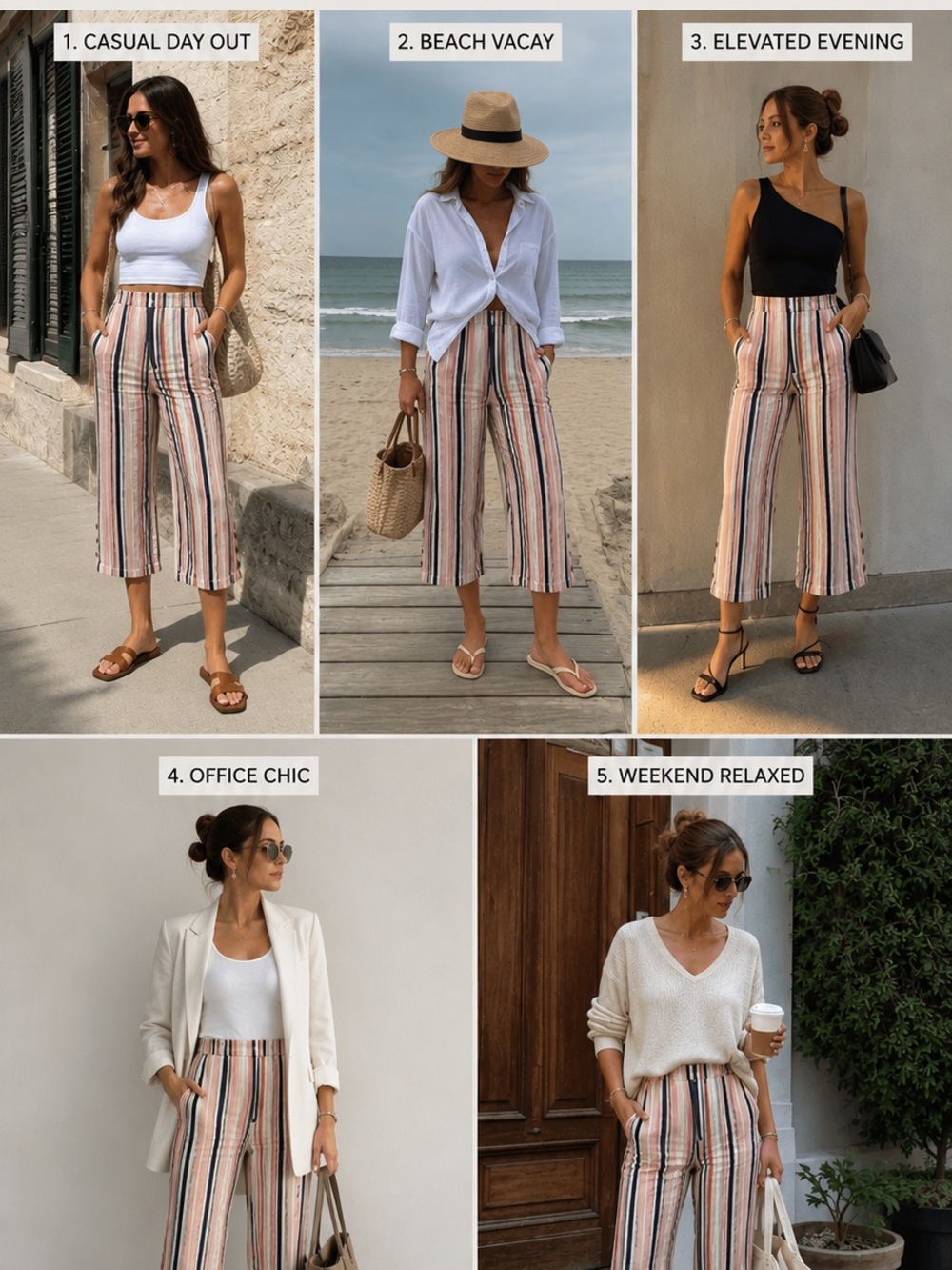 a.n.a Striped Cropped Wide-Leg Pants in Beige, Black and Pink